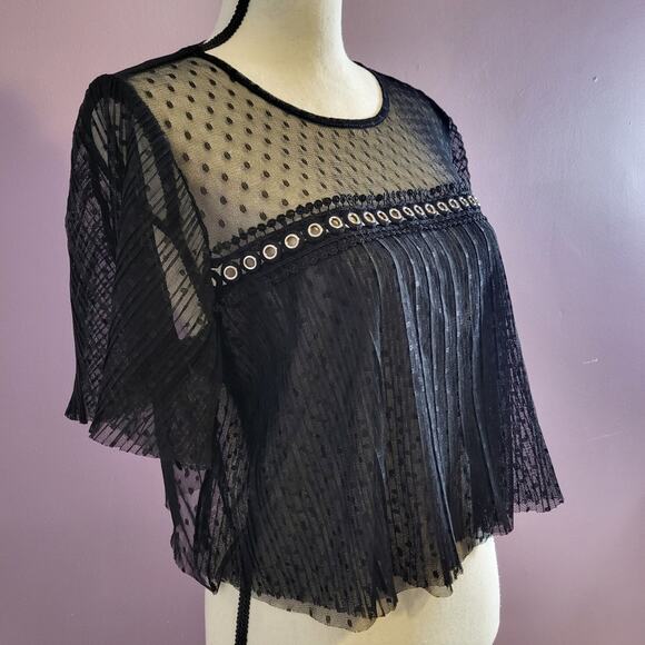 Forever 21 *Flawed* Pleated Sheer Mesh Polka Dot Crochet Lace Grommet Crop Top - Picture 7 of 16